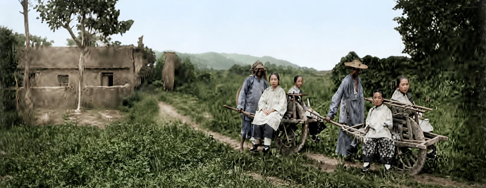 WOMEN OF CHINA MAKING AFTERNOON CALLS, PASSING MEETING PLACE OF BELIEVERS IN SHIH CHIAO VILLAGE