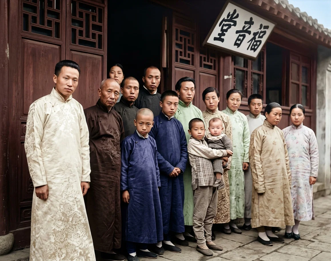 COMPANY OF BELIEVERS AT YING ZIANG GAUNG, ONE OF THE KIANGSU MISSION OUTSTATIONS. EVANGELIST HYŪ IS AT EXTREME LEFT