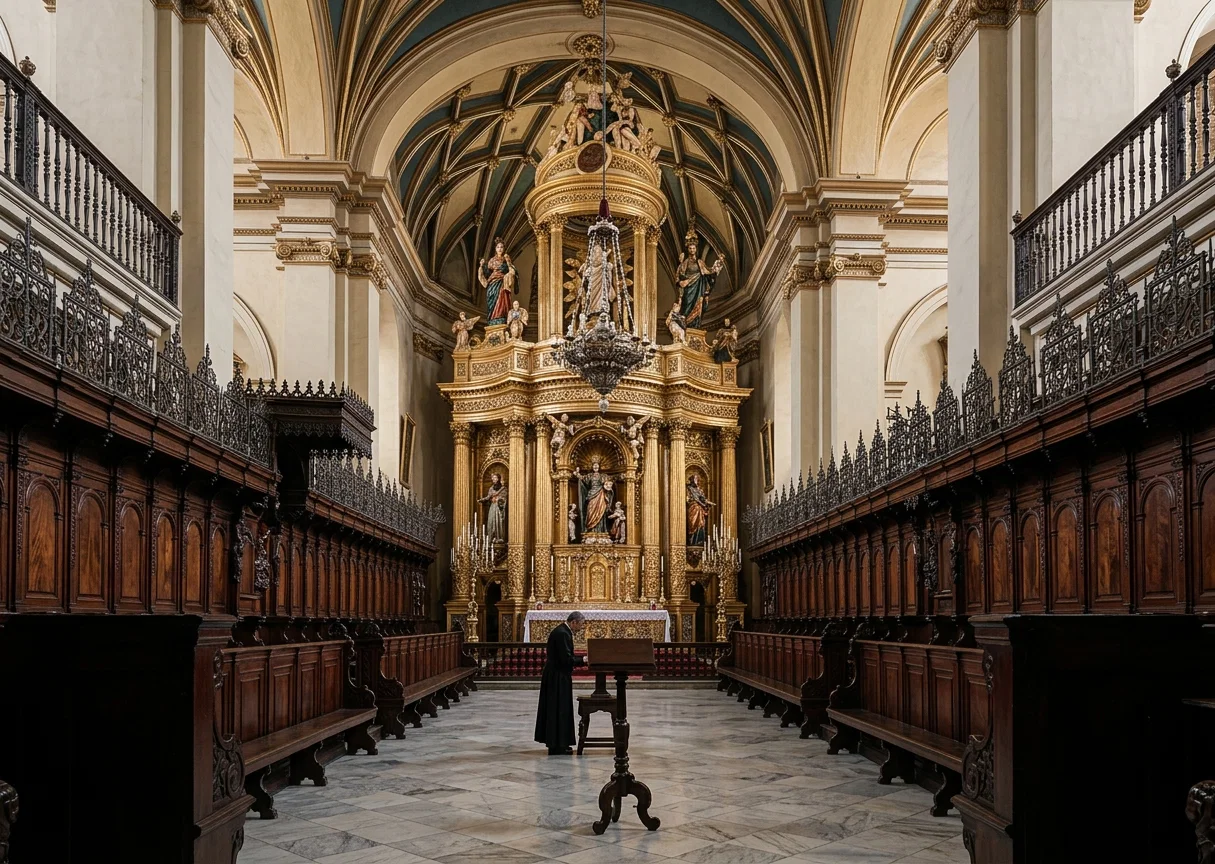 Choir and altar of the Cathedral of Saint John, Lima, Peru. The Cathedral is very large, and expensively decorated.