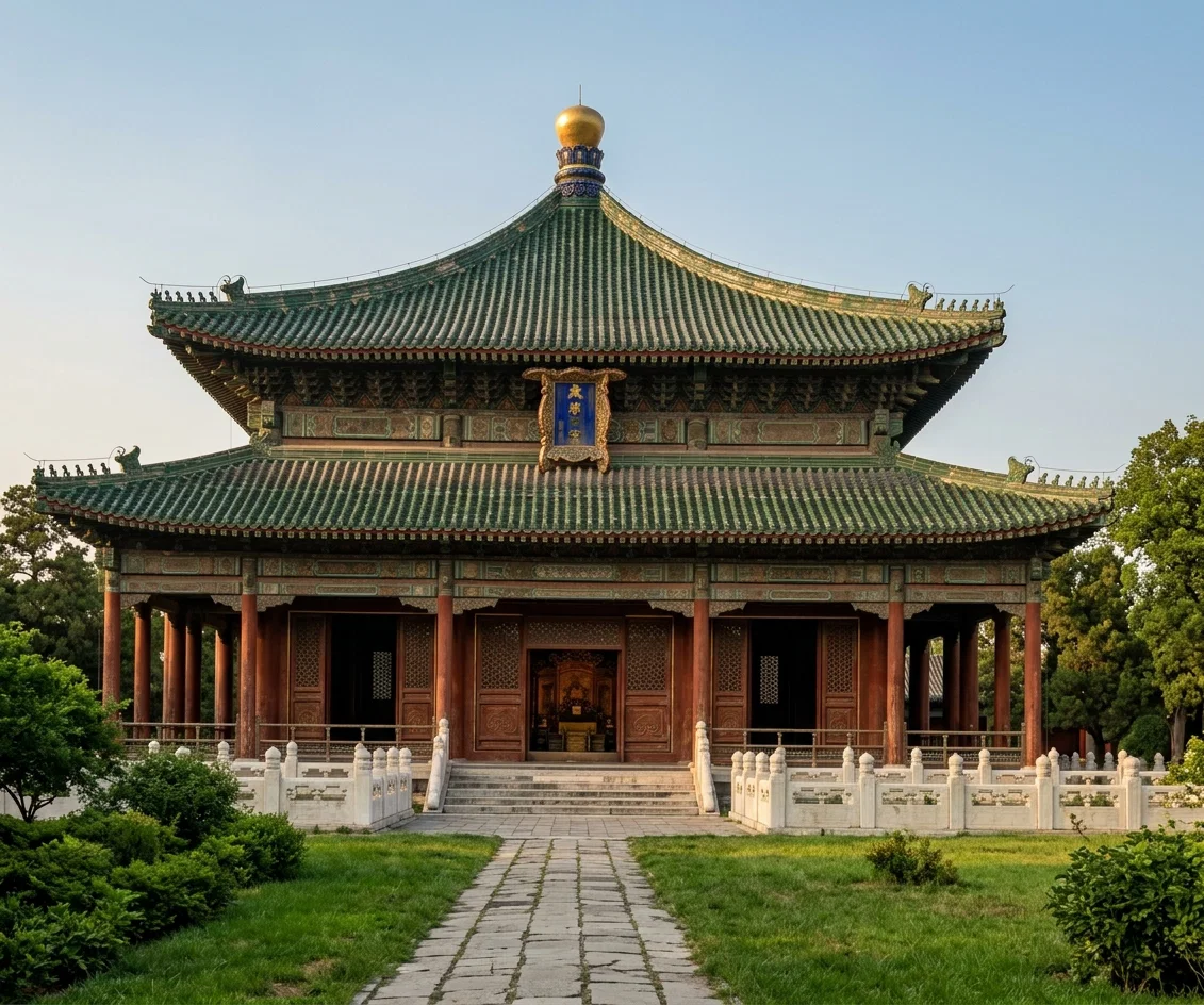 This building is located in the center of the examination halls of Peking, and contains the throne of the Emperor Kang Hsi, who was one of the greatest scholars among the emperors of the present dynasty, and reigned from 1662 to 1723. It was erected over three hundred years ago.