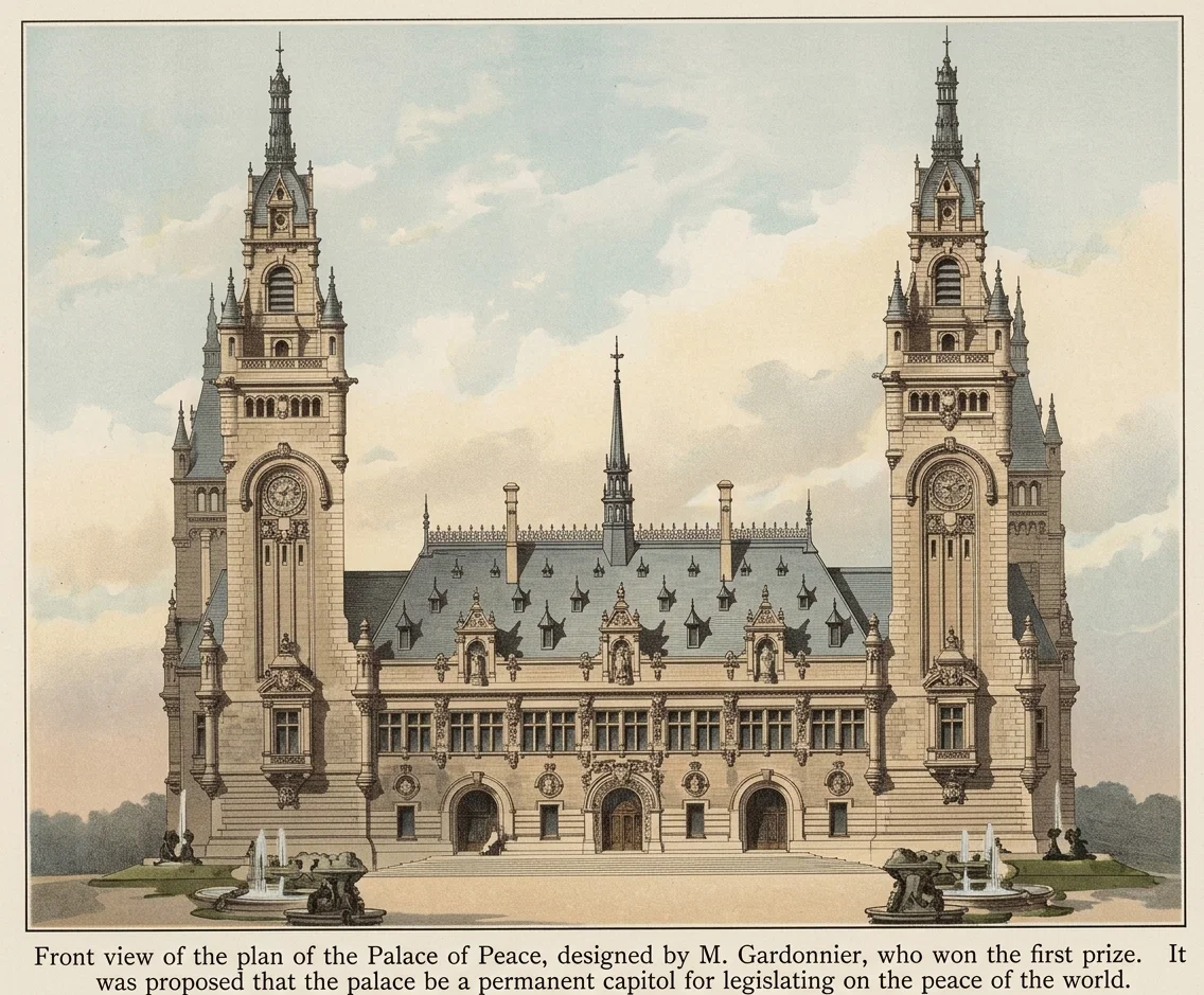 Front view of the plan of the Palace of Peace, designed by M. Gardonnier, who won the first prize. It was proposed that the palace be a permanent capitol for legislating on the peace of the world.