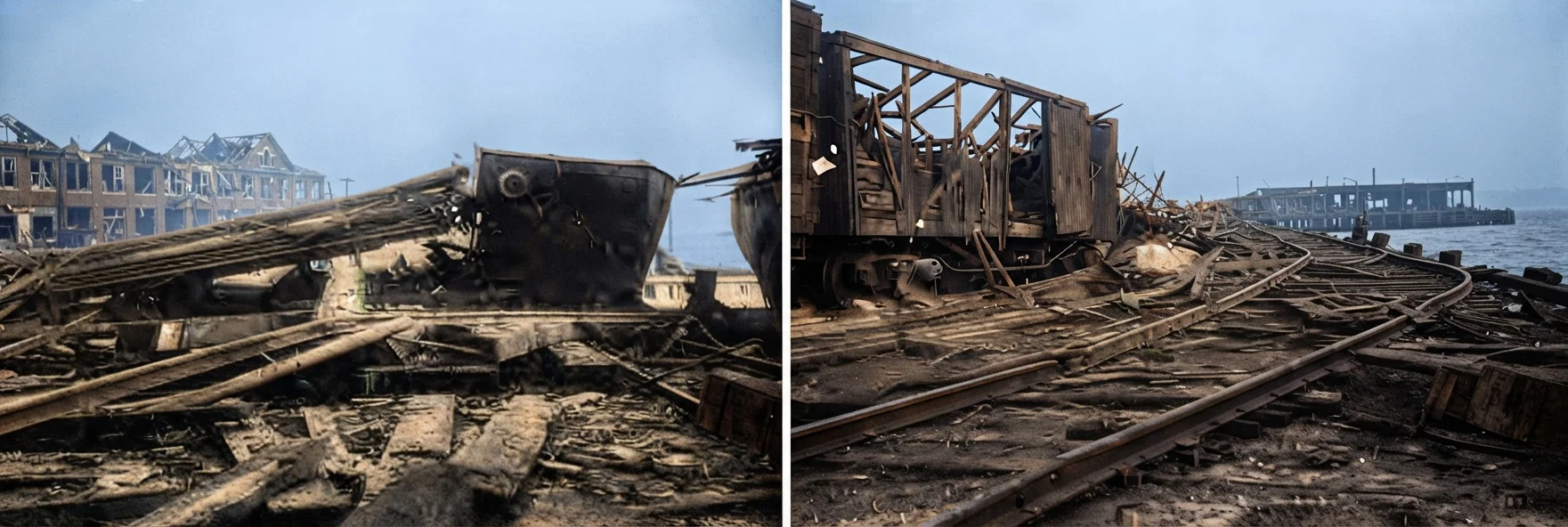Photographs of some of the results of the fearful explosion of twenty-five tons of dynamite and ten tons of gelatin at Communipaw, near Jersey City, at a pier of the Jersey Central Railway, February 1, by which from thirty to fifty lives were lost and one thousand injured. Many of the bodies were blown to atoms. Two boats, one of which seems to have been unlicensed to carry explosives, were utterly destroyed. Many on the bay were greatly damaged, and passengers injured. Property loss will run into millions. Many persons in Manhattan, a mile away, were injured in the streets by falling glass. It was felt on Long Island, fifty miles from the scene of the explosion. Providentially, officials feel, there were few immigrants on Ellis Island when the explosion occurred, or many more would have been injured. Those there were greatly frightened, believing it to be an earthquake, as were thousands in New York City, where the great stone and cement structures rocked and swayed. One of the strange things is that a car-load of dynamite on the track close by did not explode, tho the car was wrecked and the boxes of dynamite scattered. Officials declare that the damage would have been beyond computation. The cause of the explosion is not known. Officials have been arrested, and diligent investigation will be made. But as in many instances of this kind, the criminally careless and those who knew were killed by the explosion. (Photographs by Transatlantic News Service Company.)