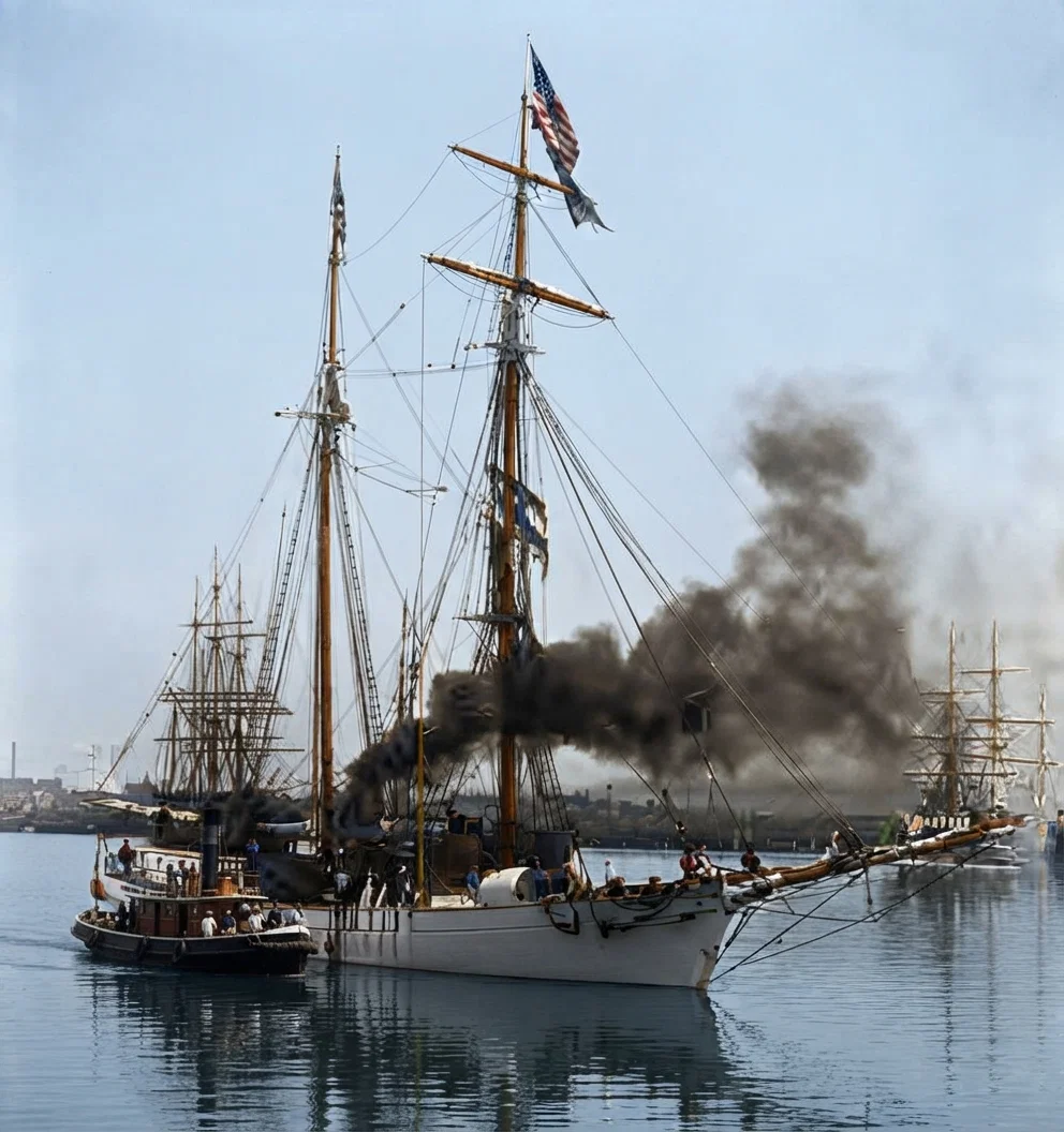 THE TUG TAKING THE PITCAIRN FROM THE WHARF.