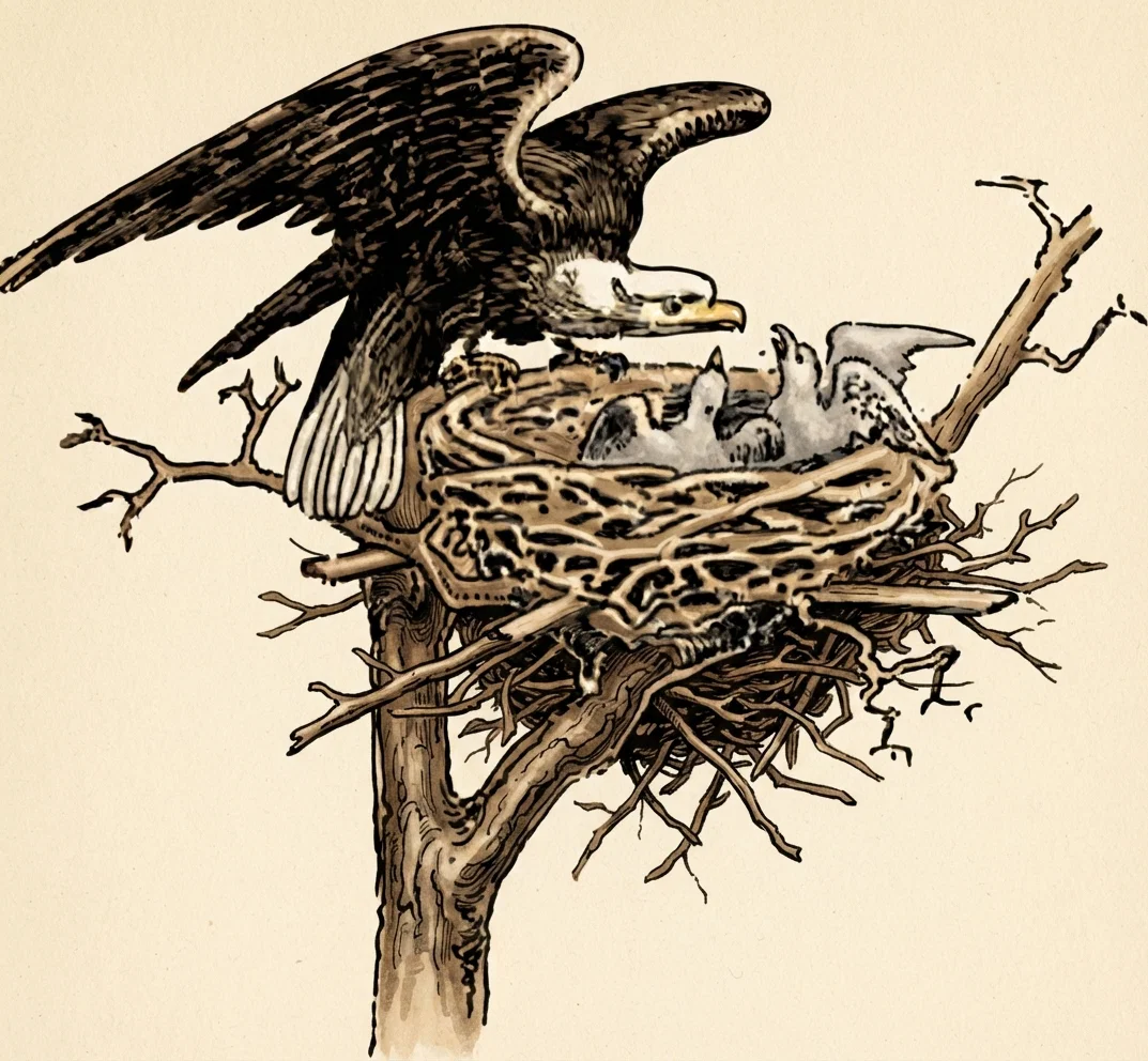 As an eagle stirreth up her nest, fluttereth over her young, spreadeth abroad her wings, taketh them, beareth them on her wings: so the Lord alone did lead him.