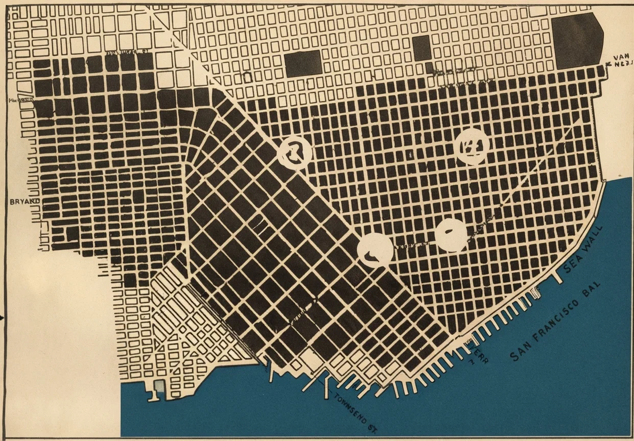 Map of the burned district, from the Ferry Building to Van Ness Avenue, and from Channel and Twenty-Second Streets to North Beach, seven square miles. 1. City Hall. 2. Call Building. 3. Chinatown. 4. Nob Hill.