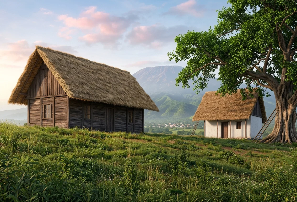 MISSIONARIES' DWELLING AND KITCHEN AT KIHUIRO
(Friedenthal is at the base of the mountain in the distance)