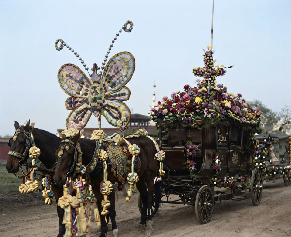 A foreign style hearse, showing the changing customs of the new republic; decorated with flowers; used by wealthy Chinese in Shanghai