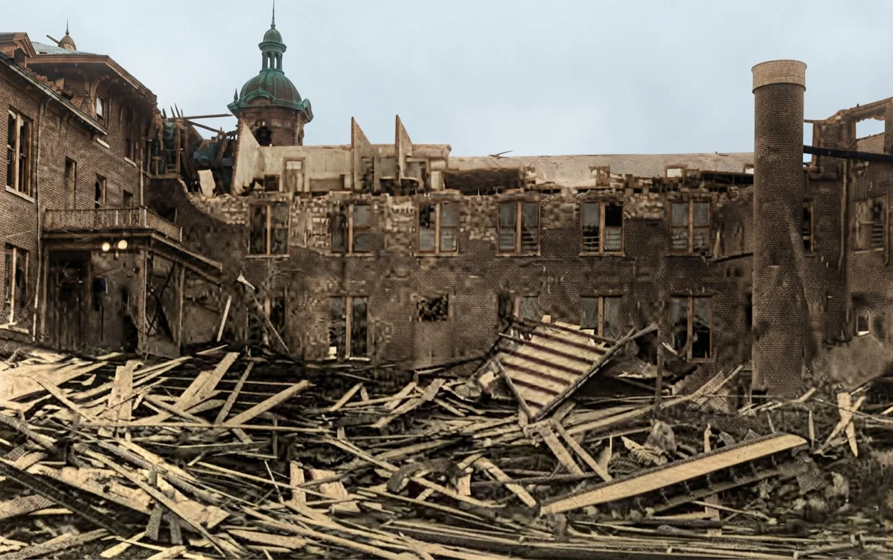 BELOW: The storm in the Illinois valley began by lifting a building off its foundations, depositing it a few feet away, on top of its gable roof, which was crumpled with the rest of the storm, thus collapsing like a trap.