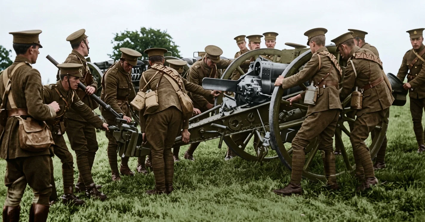 BRITISH BATTERY IN FRANCE BEING PLACED IN POSITION FOR LONG RANGE FIRING