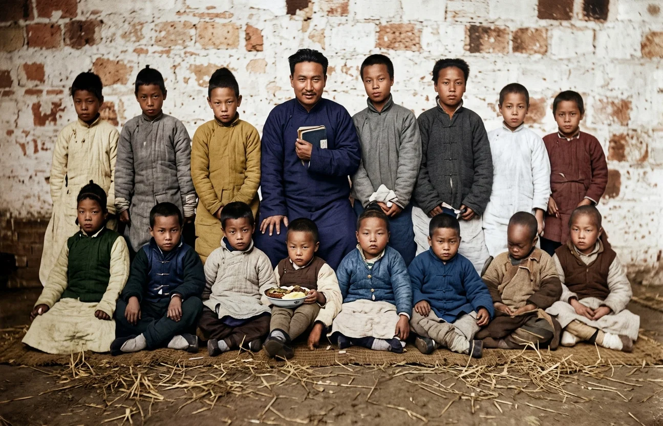 NATIVE TEACHER AND PUPILS IN PRIMARY CHURCH
SCHOOL AT SIAO GAU, HUPE, CHINA