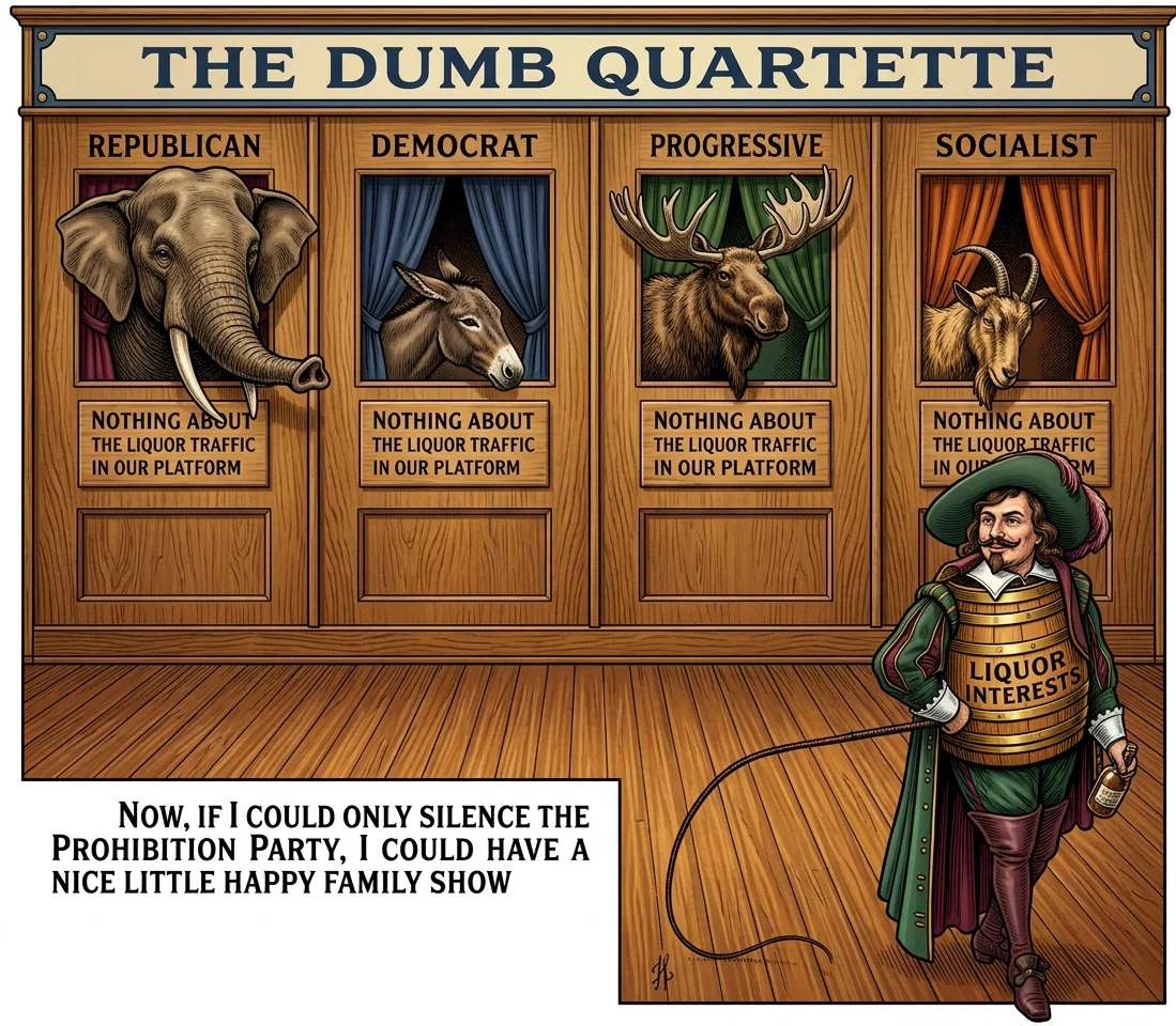 NOW, IF I COULD ONLY SILENCE THE PROHIBITION PARTY, I COULD HAVE A NICE LITTLE HAPPY FAMILY SHOW
