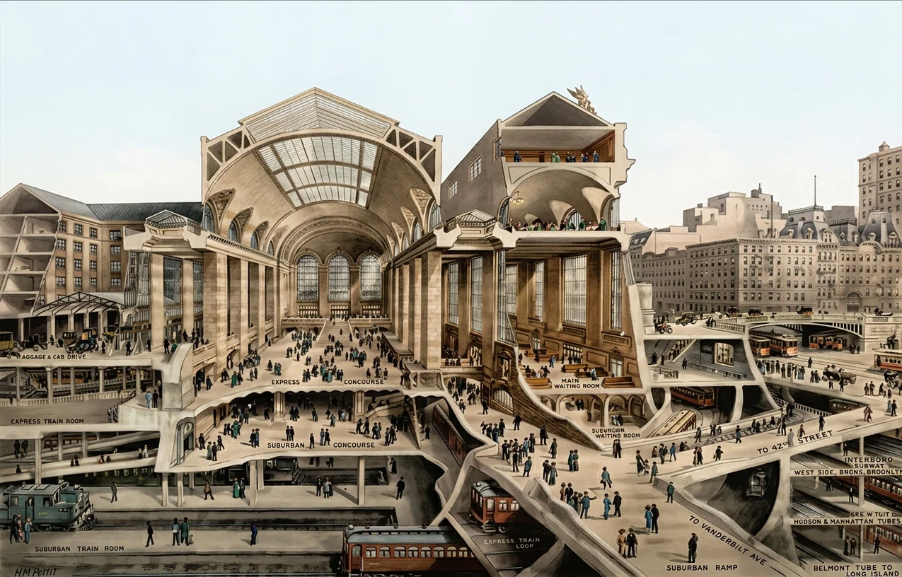 A sectional view of the Grand Central Terminal, showing the different levels, ramps, and subway connections. The main building above.