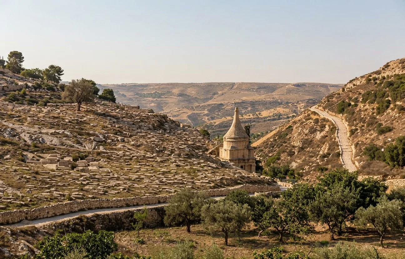 ABSALOM'S TOMB AND VALLEY OF JEHOSHAPHAT. This monument is a cube measuring 22 feet on a side, hewn out of the solid rock. The total height above the present surface of the ground is fifty-four feet.