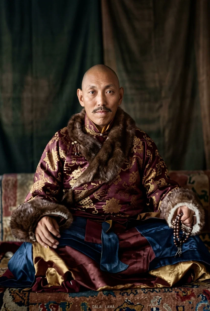 From the latest photograph of the Dalai Lama of Tibet. For years he was concealed, no one was allowed to see him on pain of death; now he tolerates even the photographer, the familiarity may "breed contempt."
