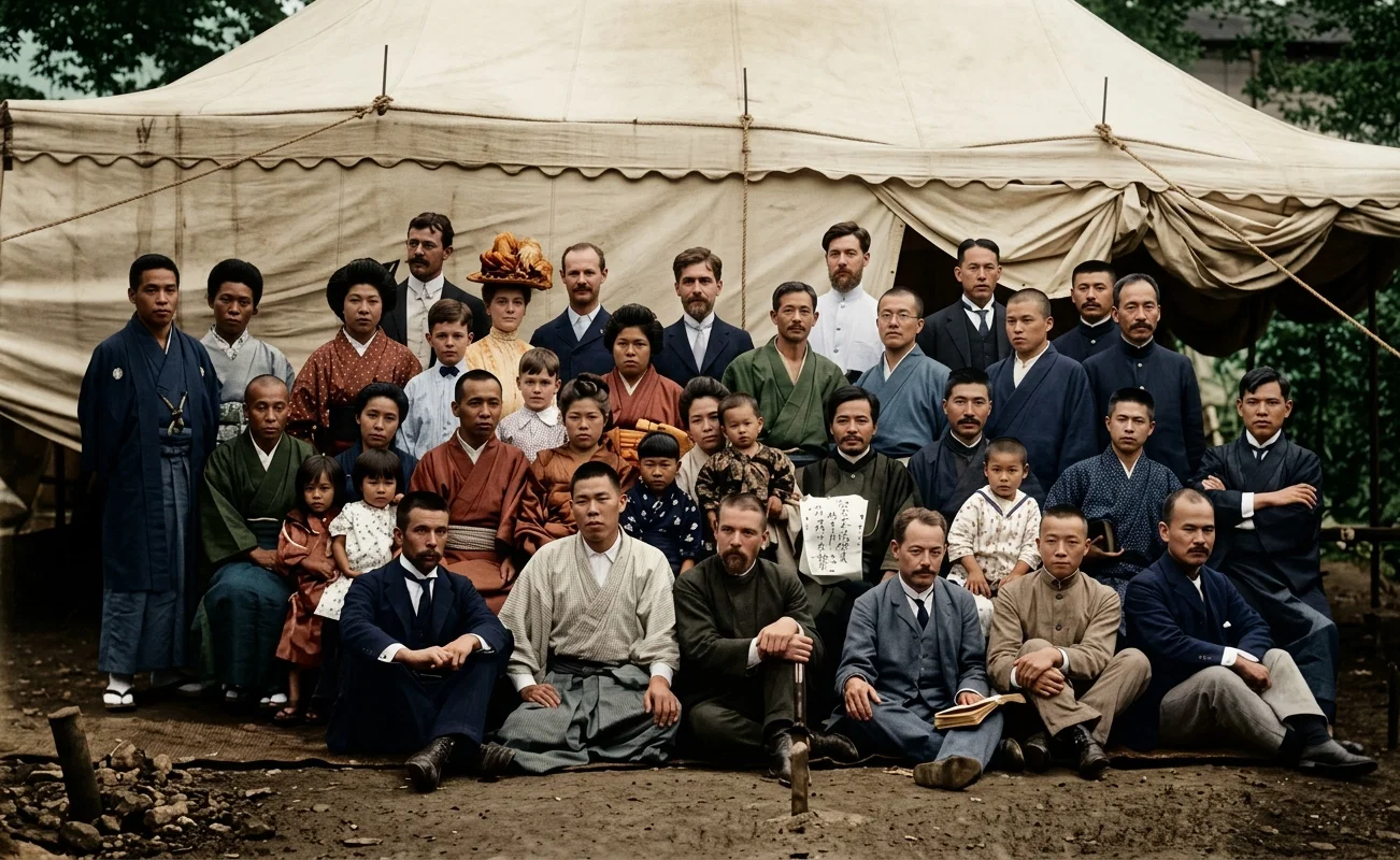 TENT-MEETING IN JAPAN; CONDUCTED BY ELDERS W. D. BURDEN AND H. KUNIYA, STANDING IN CENTER OF BACK ROW