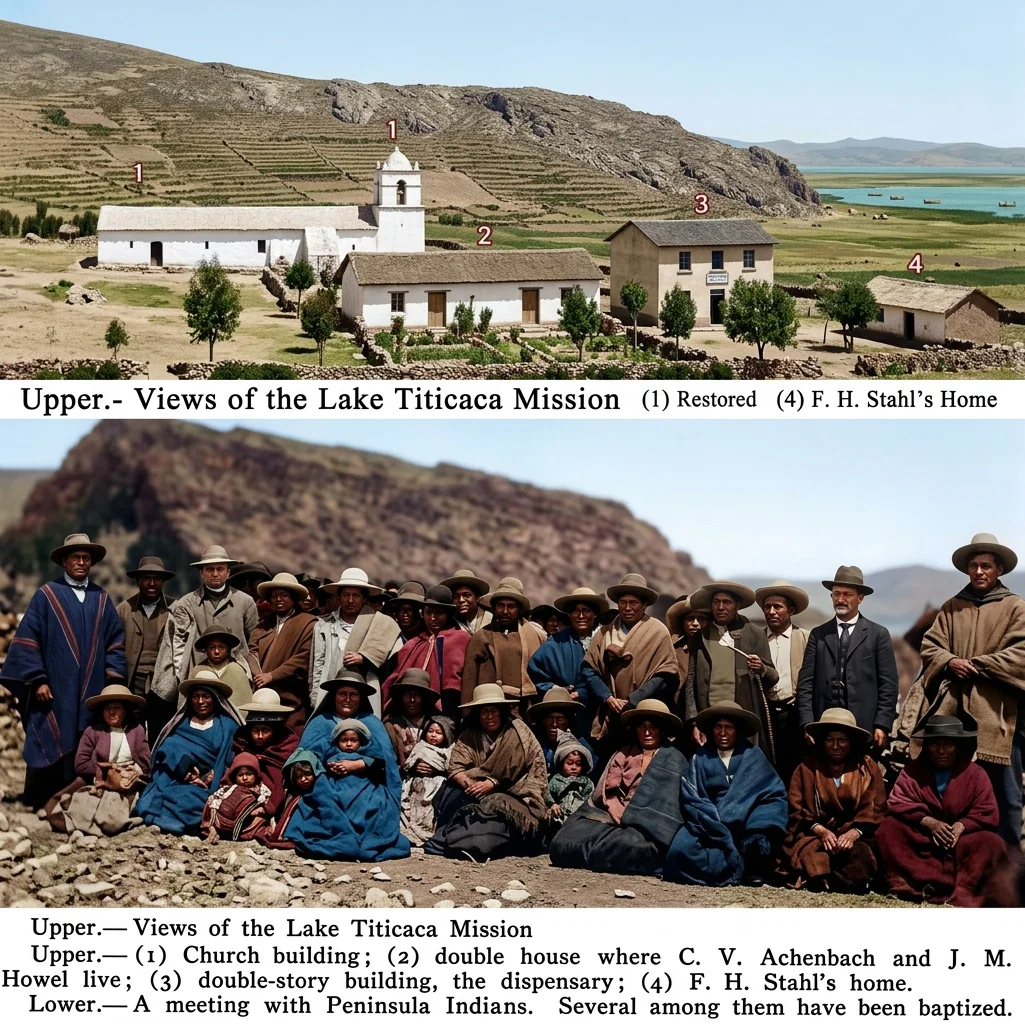 Photo by F. H. Stahl

Upper.— (1) Church building; (2) double house where C. V. Achenbach and J. M. Howell live; (3) double-story building, the dispensary; (4) F. H. Stahl's home.
Lower.—A meeting with Peninsula Indians. Several among them have been baptized.
