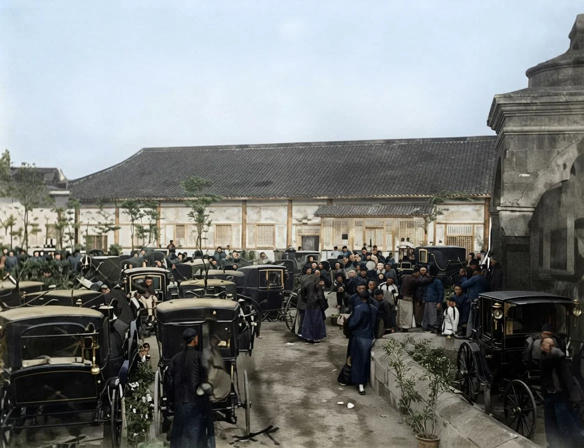 In Chang Su Ho's garden on the day of cue cutting. Note the fine carriages in which the rich merchants drive around the city.