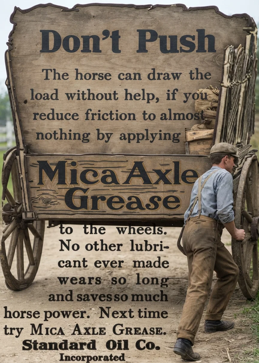 Don't Push
The horse can draw the load without help, if you reduce friction to almost nothing by applying
Mica Axle Grease
to the wheels. No other lubricant ever made wears so long and saves so much horse power. Next time try Mica Axle Grease.
Standard Oil Co.
Incorporated