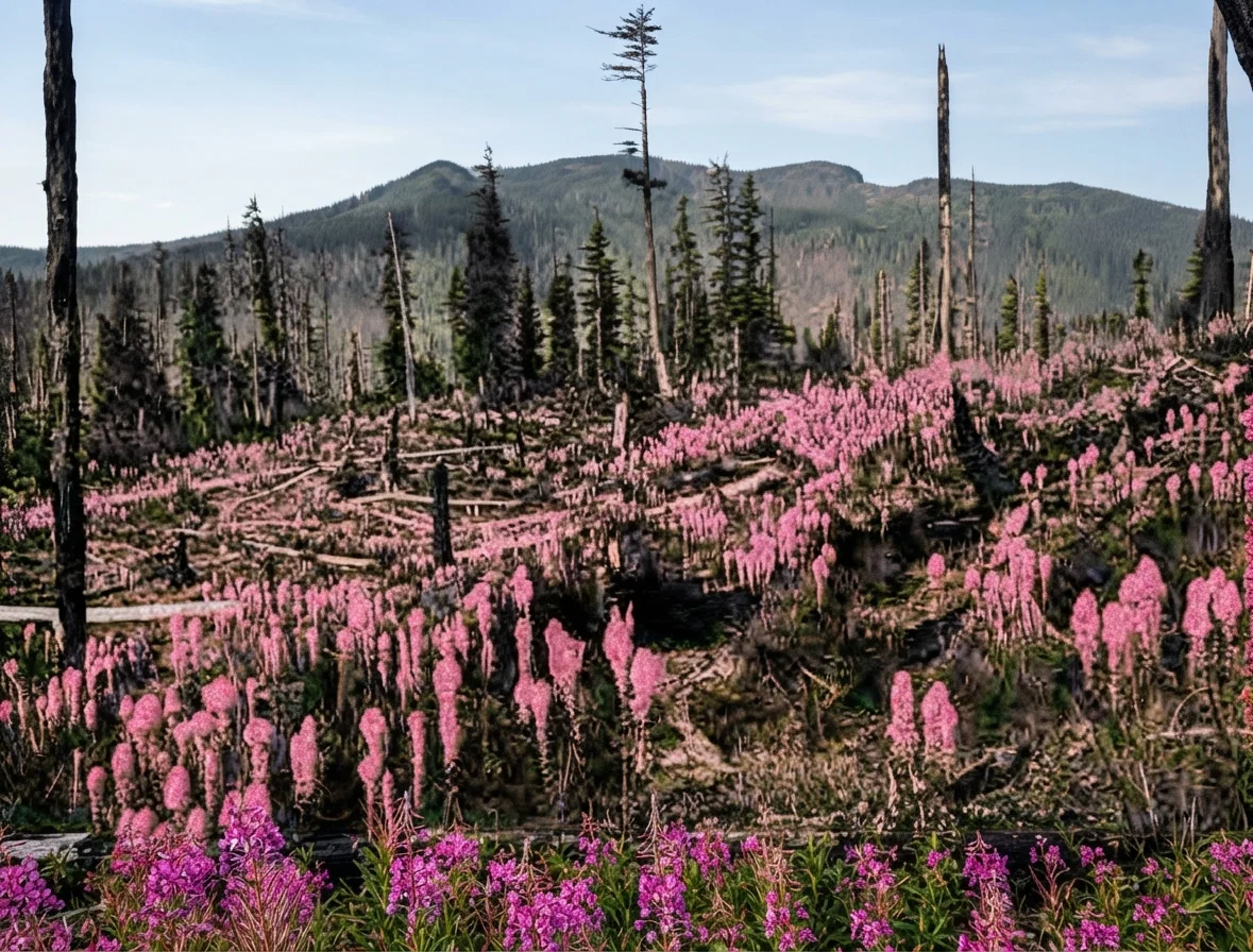 From "The Guardians of the Columbia," by John H. Williams "OFTENTIMES THAT LAND IS SOON COVERED WITH A GLORIOUS GROWTH OF FLOWERS — FIREWEEDS SOME CALL THEM"
