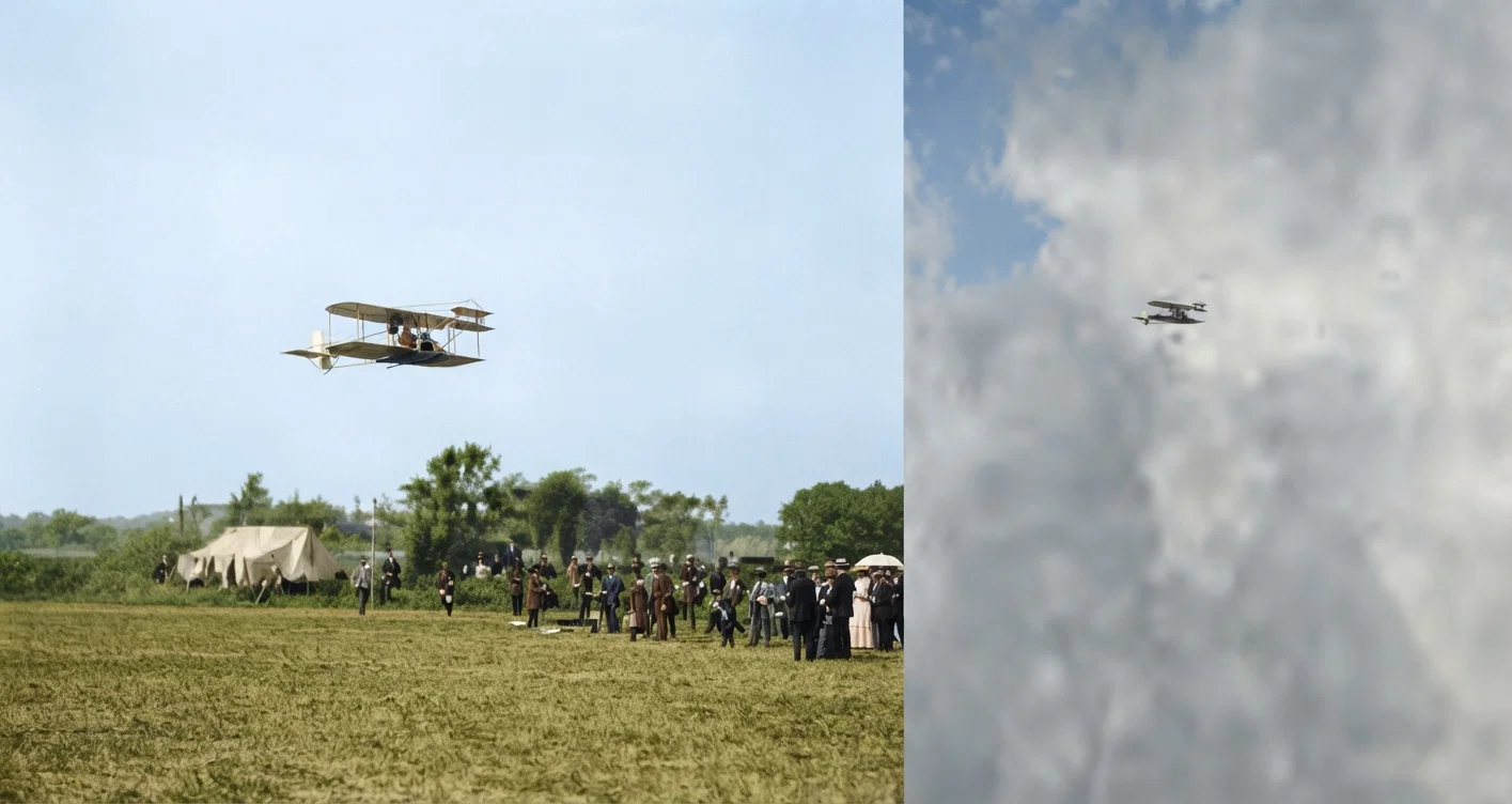 Ralph Johnson in the Wright biplane at Boston. The man bird in the clouds