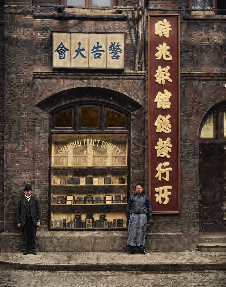 Evangelist F. E. Stafford and native evangelist Tze in front of our new tract society office in Shanghai, China