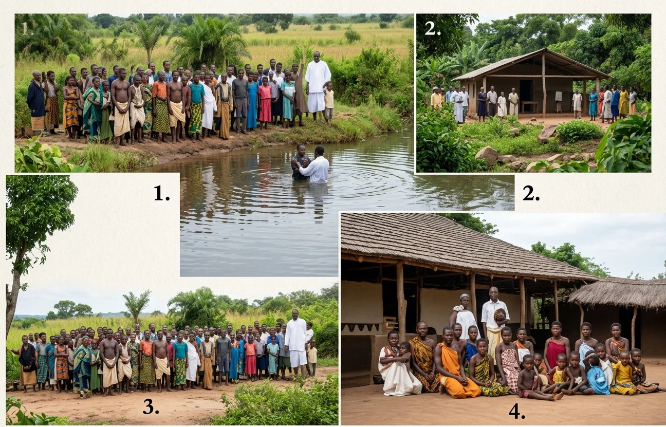 1. BAPTISM OF TWENTY-SIX CONVERTS AT AN OUT-SCHOOL.
2. PETER NYAMBO'S NEW OUT-SCHOOL.
3. CHIEF PROVERA AND FAMILY, SABBATH-KEEPERS.