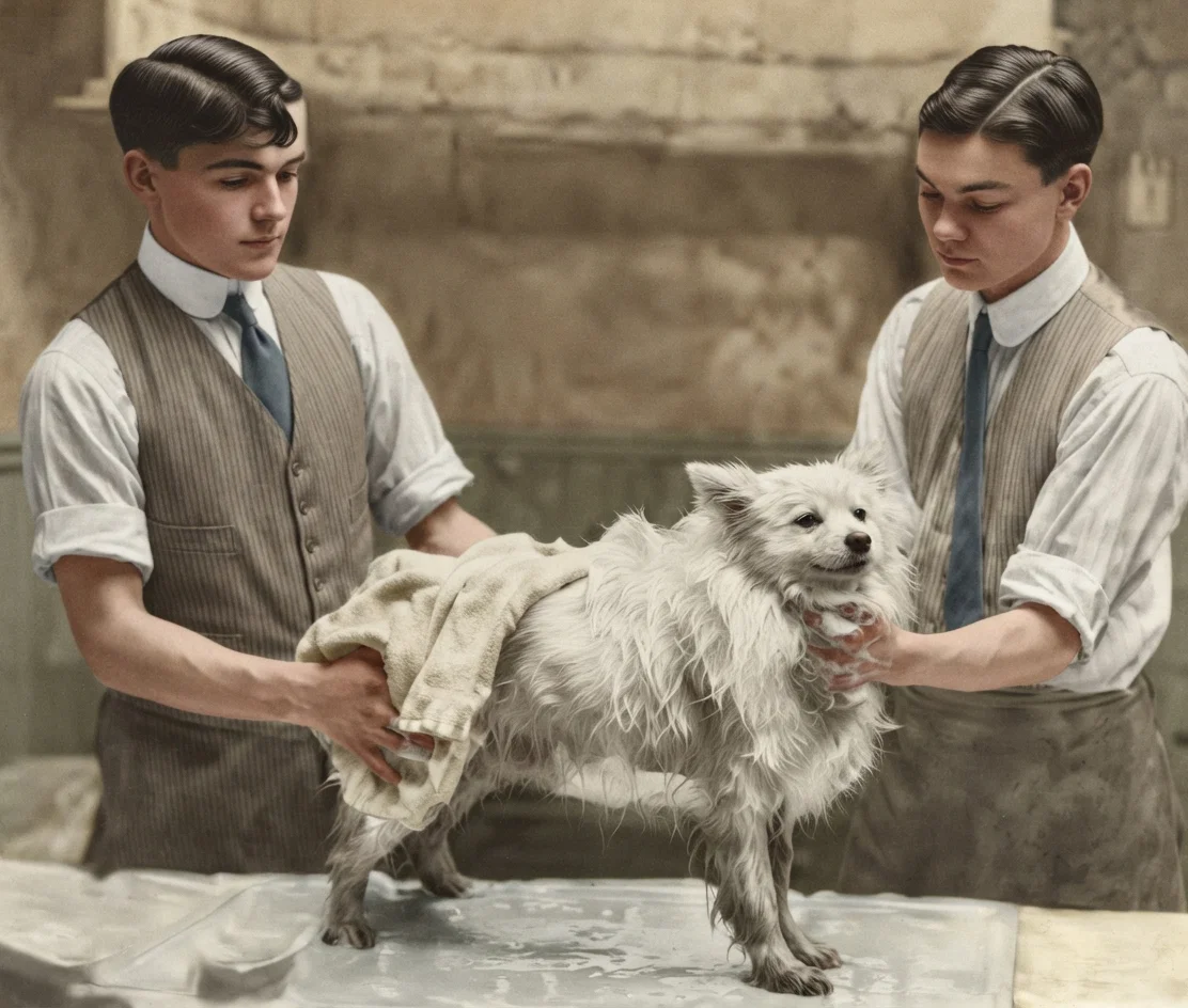Two Servants Giving the Dog His Morning Bath.