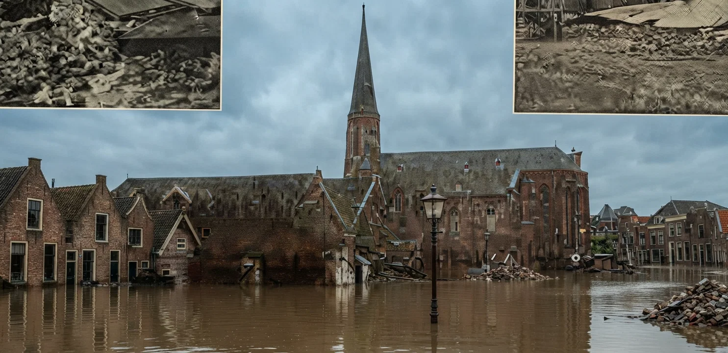 A scene in a flooded town in Holland.