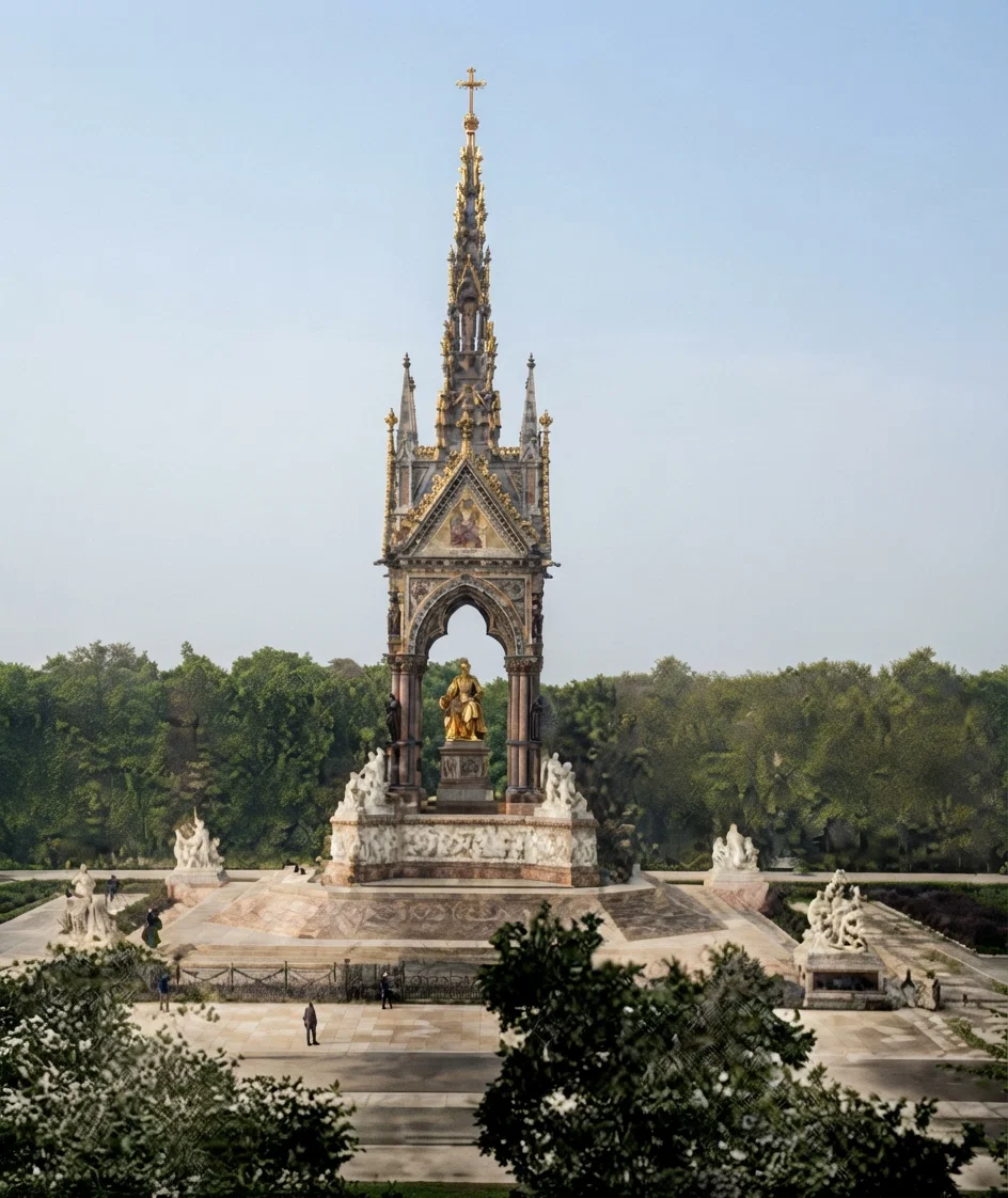 ALBERT MEMORIAL, LONDON, erected to the memory of Albert, Prince Consort to Queen Victoria, as a tribute of their "gratitude for a life devoted to the public good." Cost 120,000 pounds. The height of the whole, 175 feet.