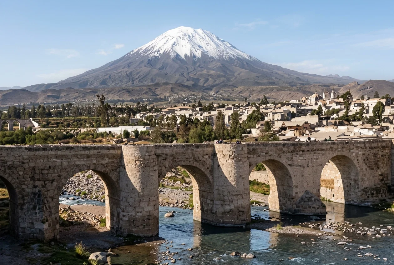 A VIEW OF AREQUIPA (PERU), SHOWING MOUNT MISTI IN THE BACKGROUND