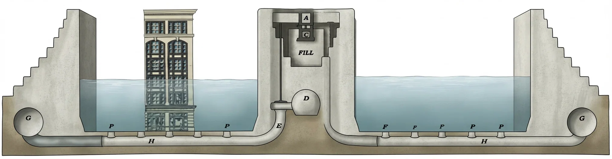 The water from Gatun Lake is admitted through culverts D and G, which are larger than average railway tunnels, and from them through the smaller laterals E and H and wells F into the bottom of the lock chambers. The laterals extending from the middle wall feed in both directions, thus permitting passage of water from one twin lock to the other. The six-story building shown gives another idea of the depth of these lock chambers.