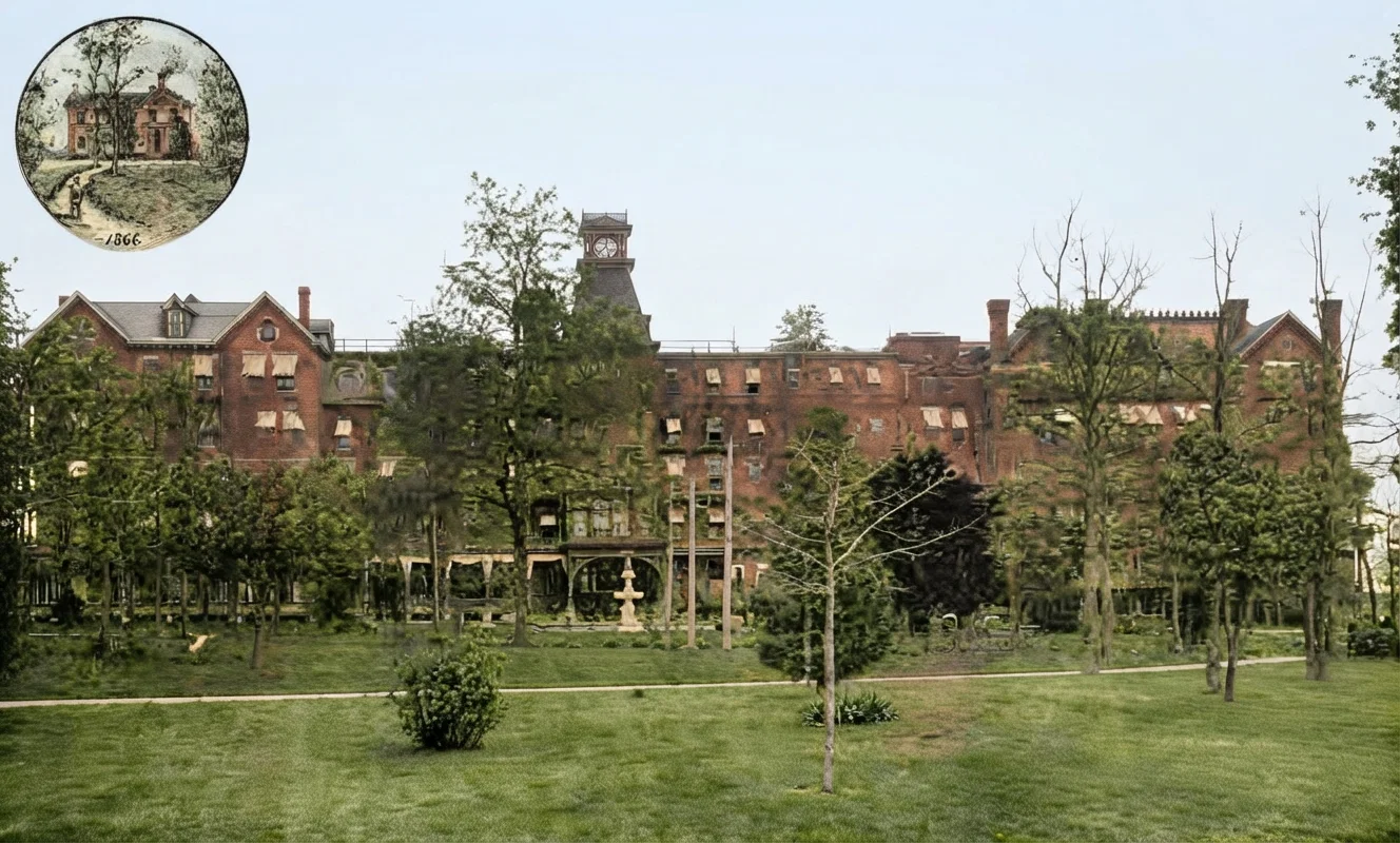 The main Sanitarium Building (Battle Creek, Mich.,) as it was before the fire. In the upper left-hand corner is a picture of the first Sanitarium building erected. It too was burned February 18; the hospital also, which stood on the opposite side of a narrow street at the left of the main building, was burned.