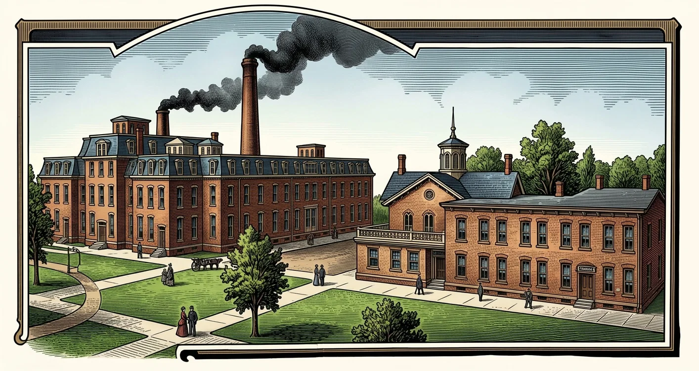 Review and Herald Office before the fire. The large building on the left was burned. The composite building on the right remains.