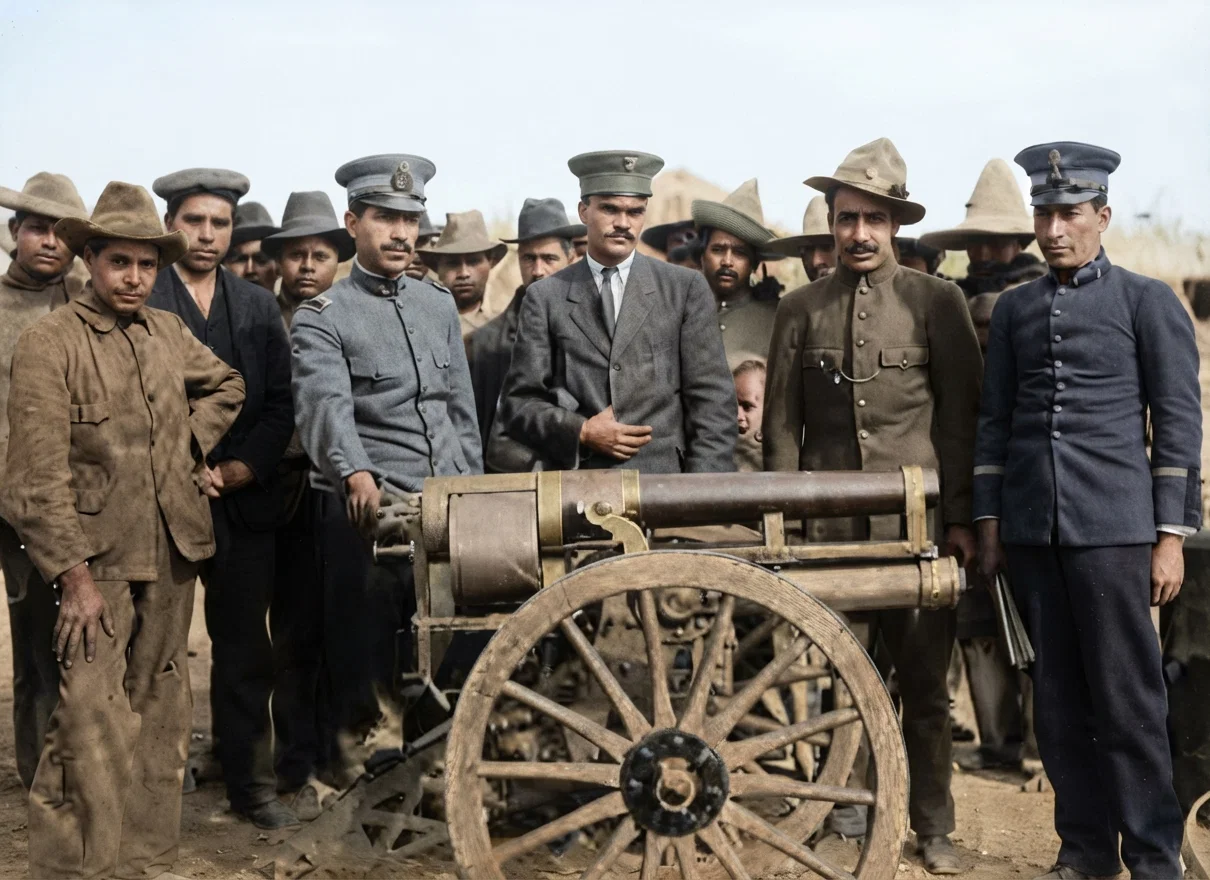 Underwood & Underwood The revolver cannon, invented by E. Duron, a Mexican colonel. It can shoot thirty four-inch shells a minute. It can be disassembled readily, and can be conveniently moved about, weighing only seven hundred pounds.