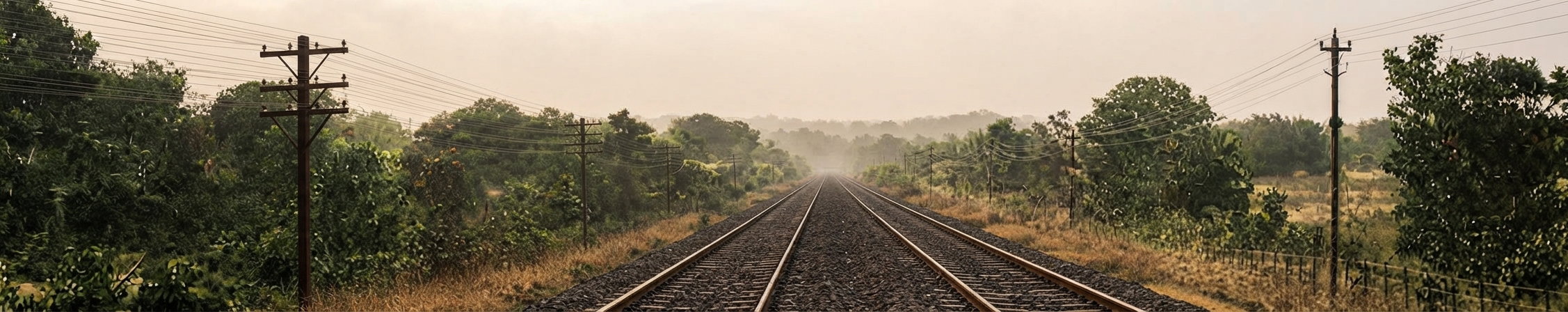 Railway through jungle in India lined with telegraph wires