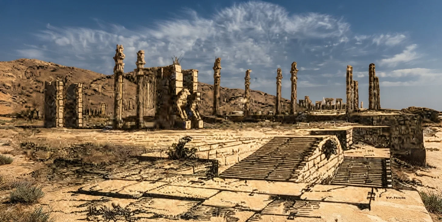 Ruins of Persepolis, second Capital of Persia, from the Top of the Great Stairs. From Fergusson.