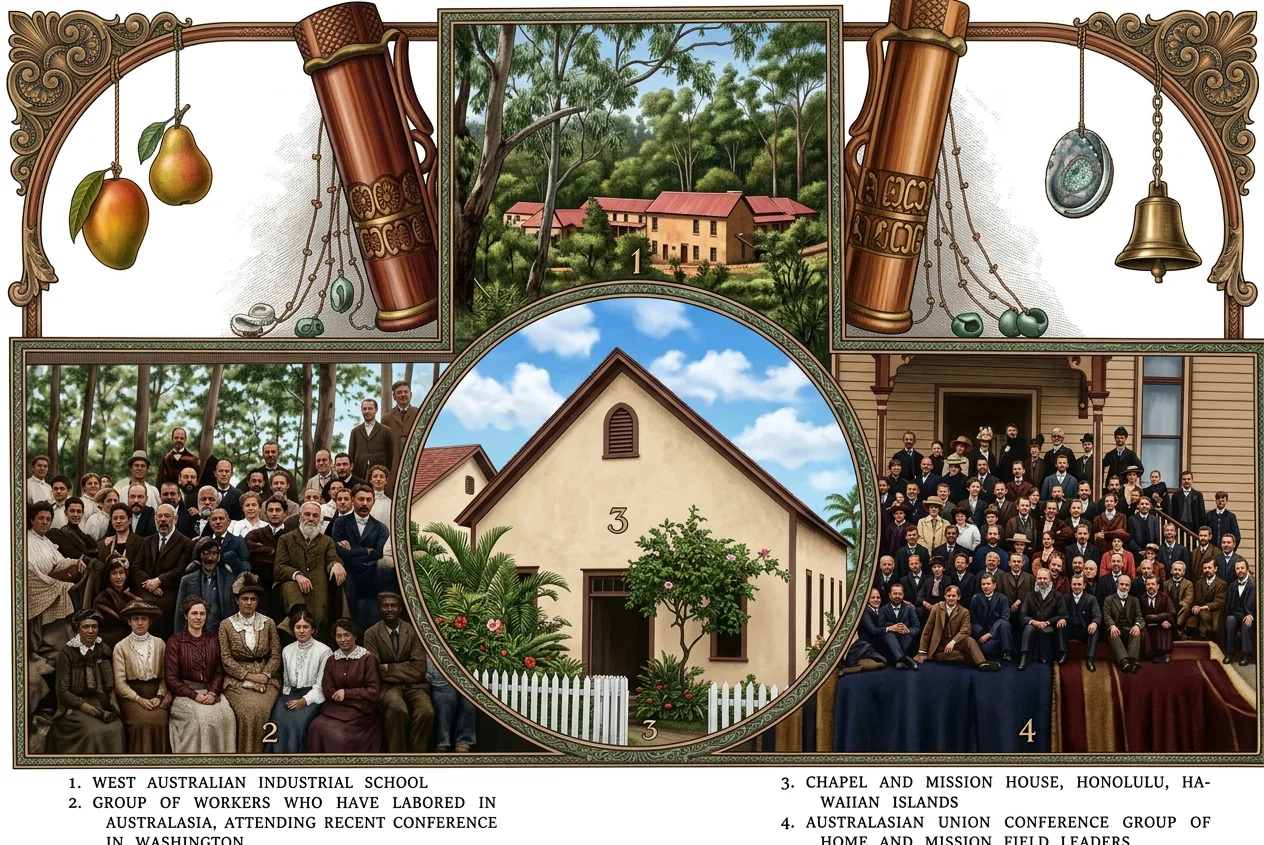 1. WEST AUSTRALIAN INDUSTRIAL SCHOOL
2. GROUP OF WORKERS WHO HAVE LABORED IN AUSTRALASIA, ATTENDING RECENT CONFERENCE IN WASHINGTON
3. CHAPEL AND MISSION HOUSE, HONOLULU, HA-WAIIAN ISLANDS
4. AUSTRALASIAN UNION CONFERENCE GROUP OF HOME AND MISSION FIELD LEADERS
