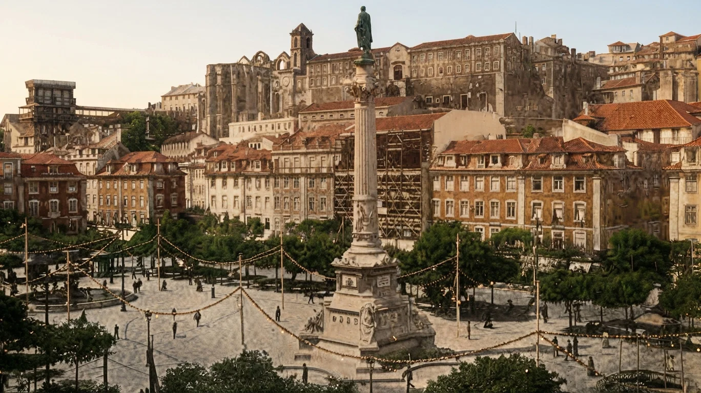 SCENE IN LISBON, PORTUGAL. Under the cross in the principal part of the picture are the ruins of the Cathedral Do Carmo, destroyed by the great earthquake in 1755. This earthquake marked the opening of the sixth seal as foretold in the prophecy of Rev. 6: 12.