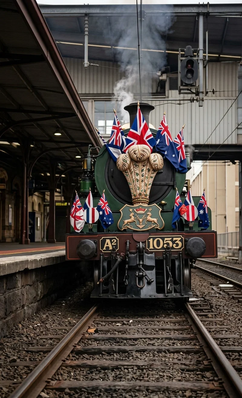 Pathe Photo.
THE “IRON-HORSE” WHICH BORE THE PRINCE
ACROSS VICTORIA