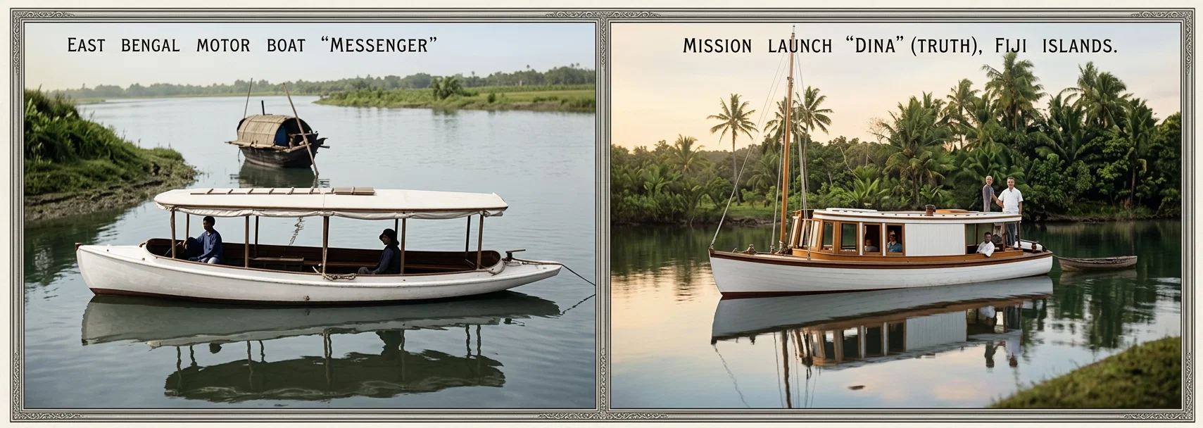 EAST BENGAL MOTOR BOAT "MESSENGER."  MISSION LAUNCH "DINA" (TRUTH) FIJI ISLANDS.