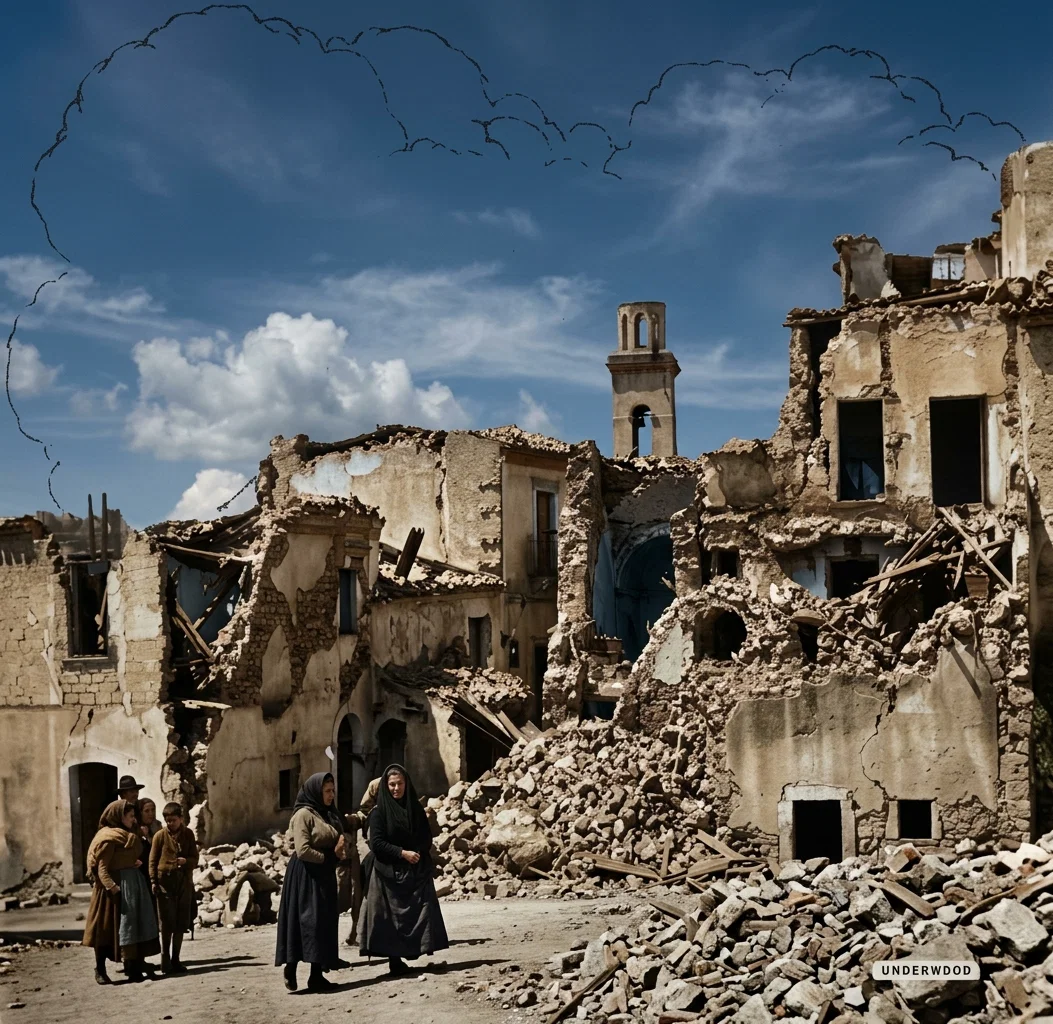 A scene at Melfi, Italy. Tragic human figures, robbed of many of their loved ones, to say nothing of all their earthly goods,—these stricken citizens roam idly through the scene of destruction where Italy’s disastrous earthquake has left an indelible mark.