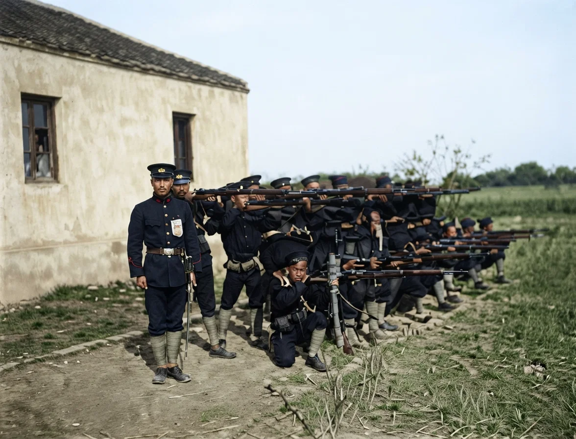 Chinese marines on guard duty at Nanking