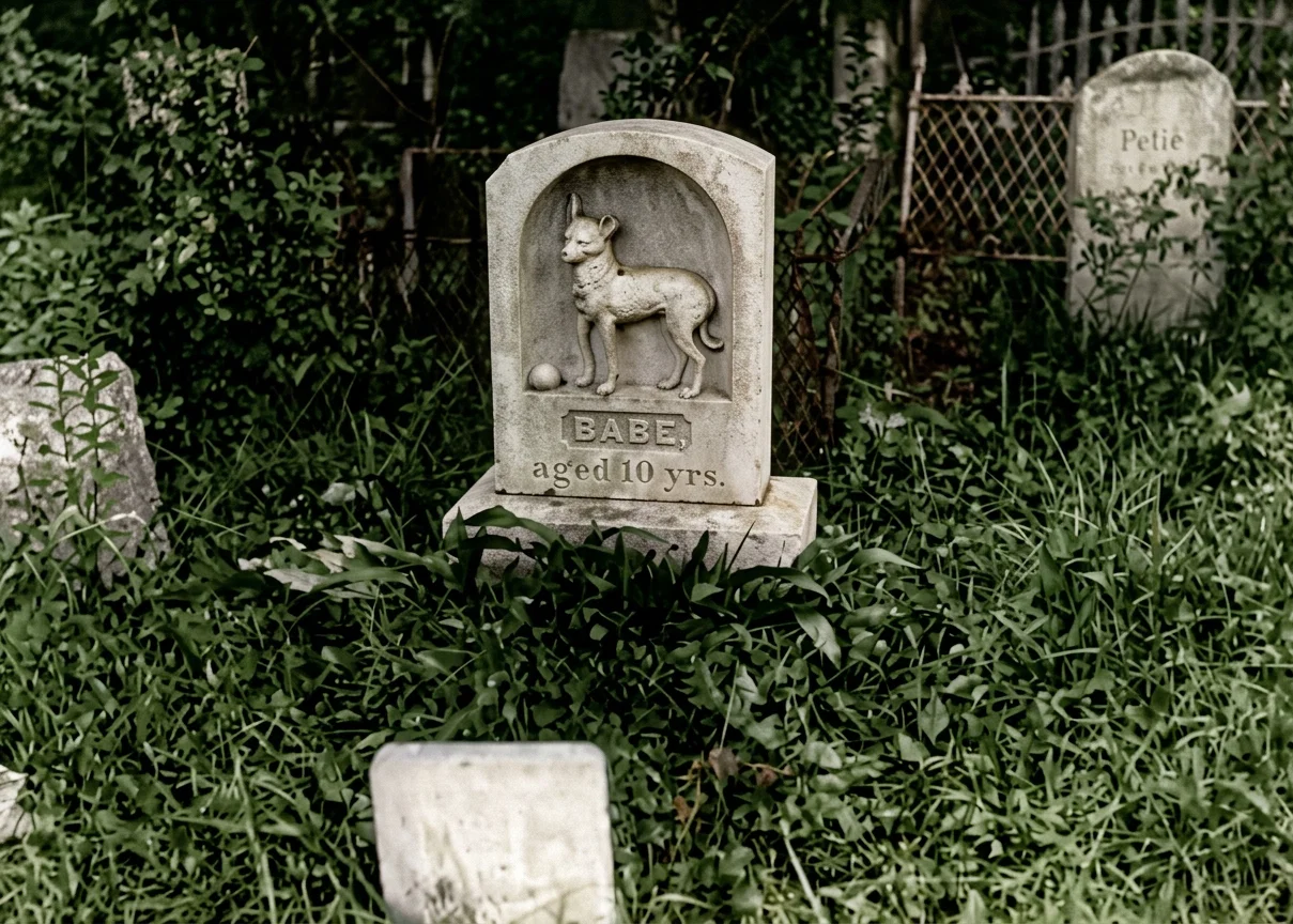 A monument erected to a pet dog in the canine cemetery in Hartsdale, New York. It bears the inscription, "Babe, aged 10 yrs." In the far right is a stone erected to "Petie." At present there are 451 tombs, some of the stones costing as high as $500. Prices of burial are from $15.00 to $25.00, boxes from $5.00 to $6.00. Dogs or humans — which?