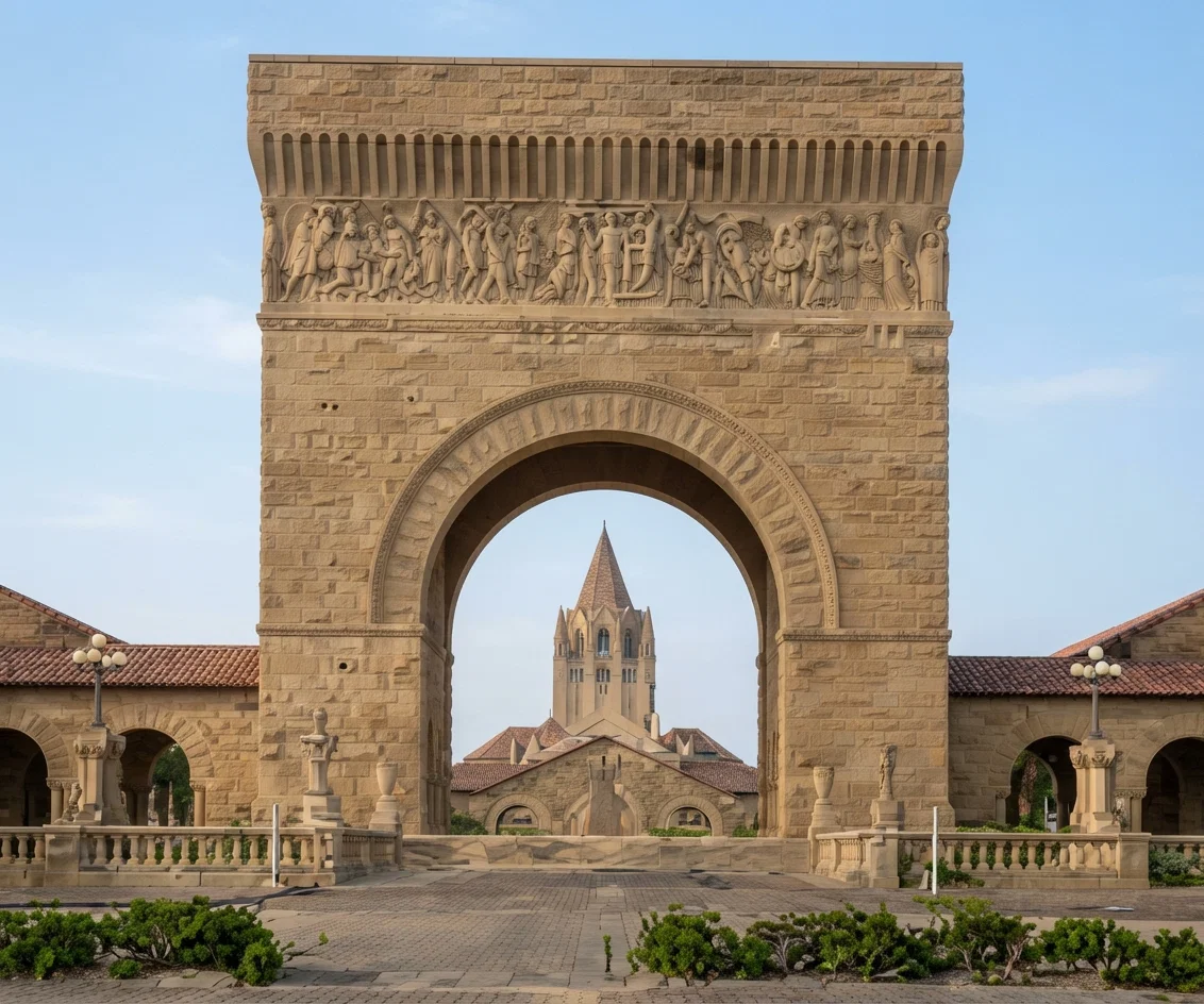 Arch at the entrance of the Quadrangle, with Memorial Chapel in the distance.