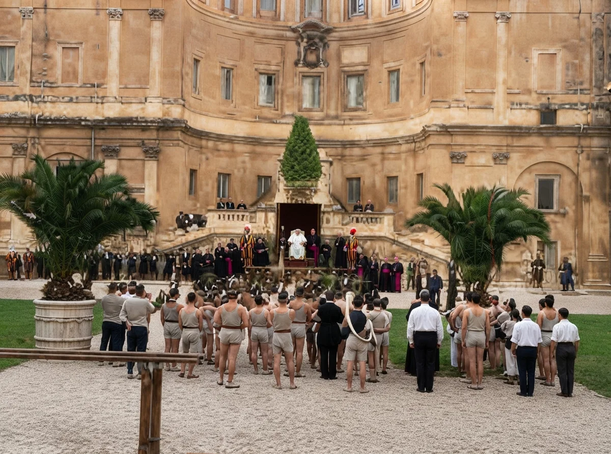 From a Photograph of Sports in the Vatican before the Pope, who is dressed in white in the center of the background.