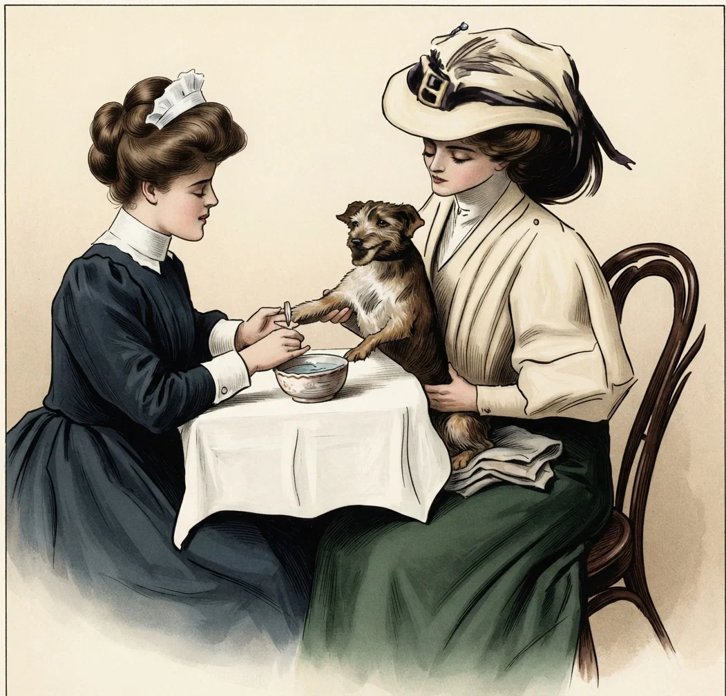 The Manicure and Maid Cleaning and Polishing the Dog's Nails.