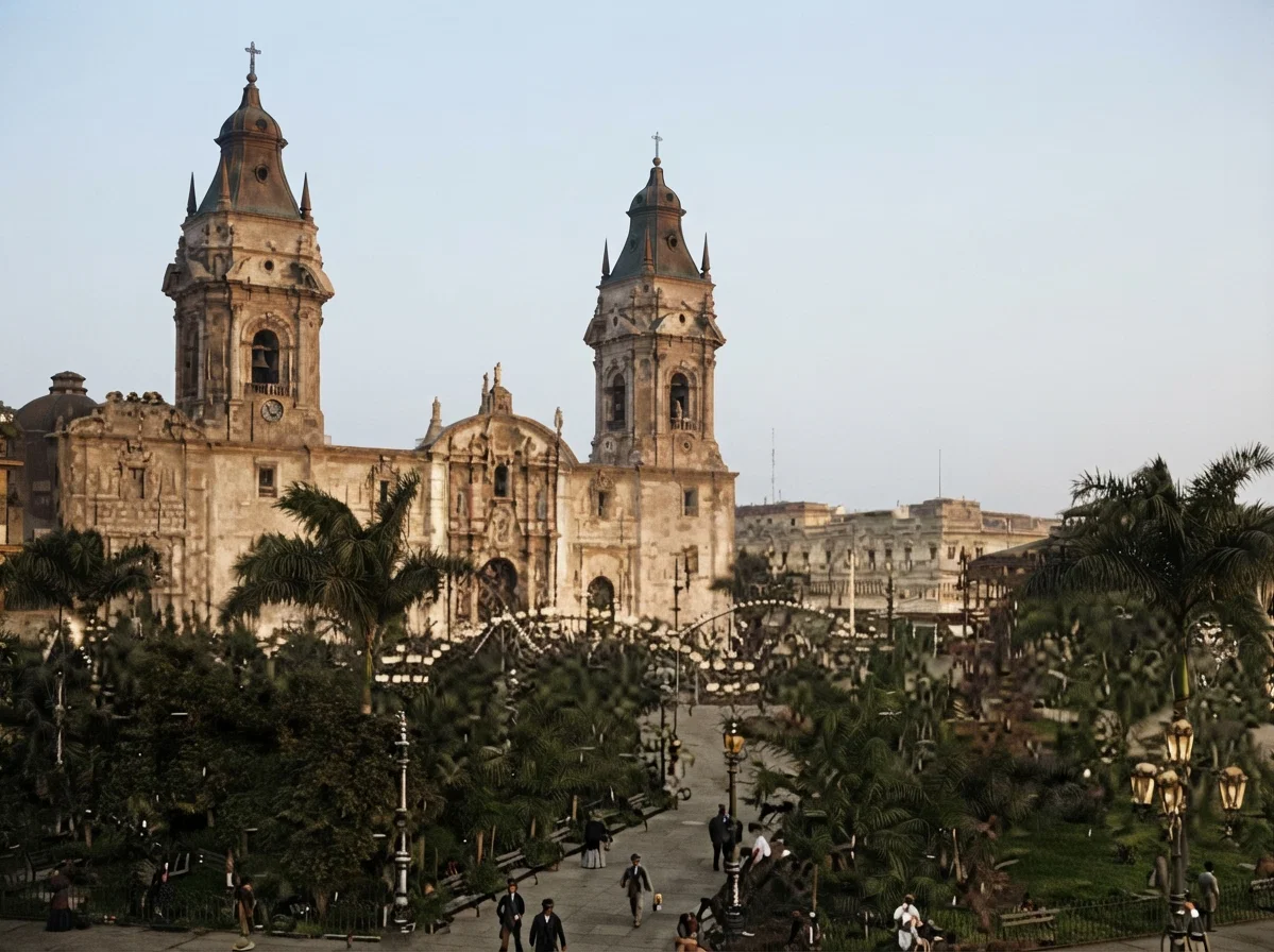 This historic old cathedral fronts the great plaza of Lima, Peru, and is built of sun-dried mud. It would melt down in a week's rain provided they ever had such a thing in Lima. In one of its side rooms are the mummified remains of Pizarro, who caused the Inca emperor to be strangled after he had paid a ransom equal to seventeen million dollars. In the plaza, heretics were first burned at the stake in South America in 1573. Just across the street and fronting the same square are the government buildings. When Mr. Hall was there, masons were busy plastering up the bullet holes made during the nearly bloodless revolution that accompanied the unseating of President Billinghurst a few weeks before.