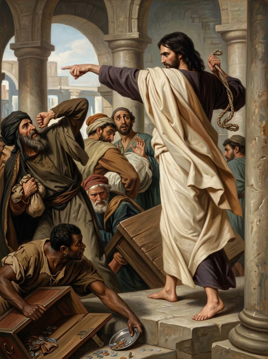 “And Jesus went up to Jerusalem, and found in the temple those that sold oxen and sheep and doves, and the changers of money sitting; and when He had made a scourge of small cords, He drove them all out of the temple, and the sheep, and the oxen; and poured out the changers’ money, and overthrew the tables; and said unto them that sold doves, Take these things hence; make not My Father’s house a house of merchandise.” John 2:13-16.