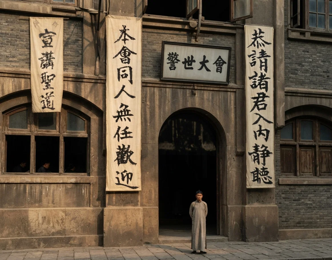 CHAPEL IN SHANGHAI WHERE MEETINGS WERE HELD; ALSO GROUP OF WORKERS CONDUCTING THEM