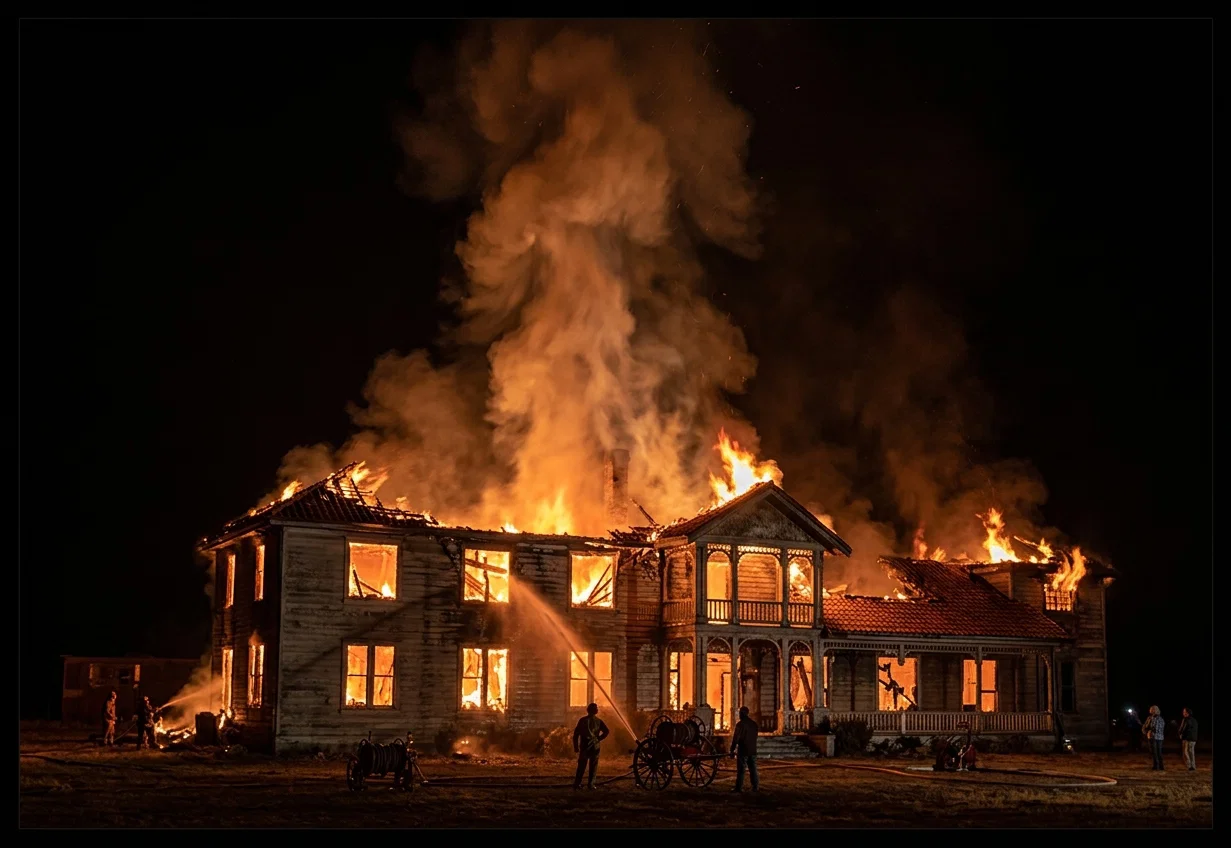 FRONT VIEW OF THE BURNING BUILDING